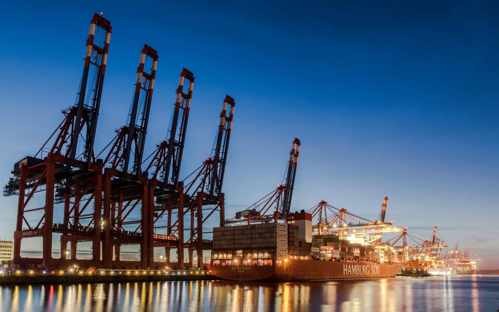 Container port at dusk